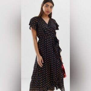 Whistles Black and orange Flutter Sleeve Wrap Midi Dress